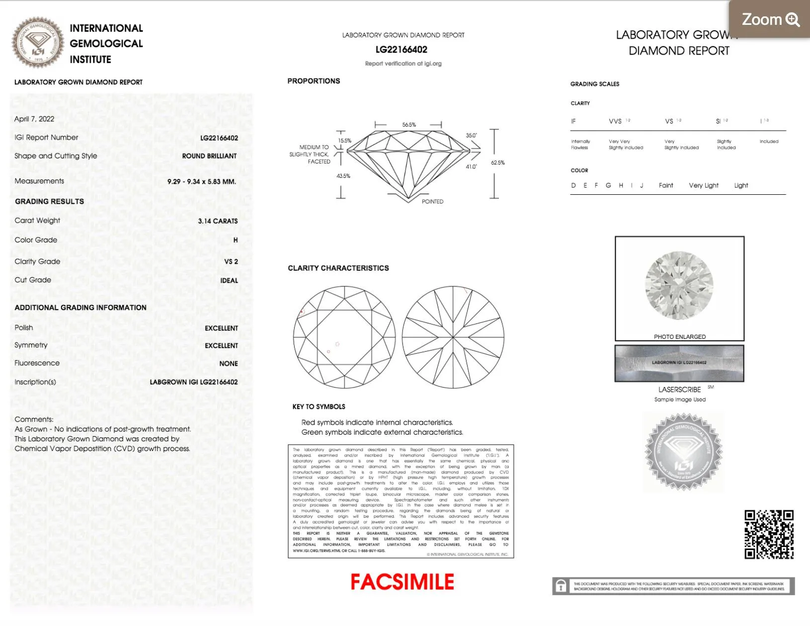 3.14 Carat, Round Cut, H Color, VS2 Clarity Loose Lab Grown Diamond CVD