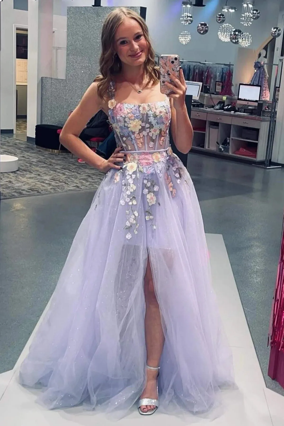 A Line Lilac Tulle Lace Floral Long Prom Dress with High Split, Lilac Long Prom Dress with 3D Flowers A2059