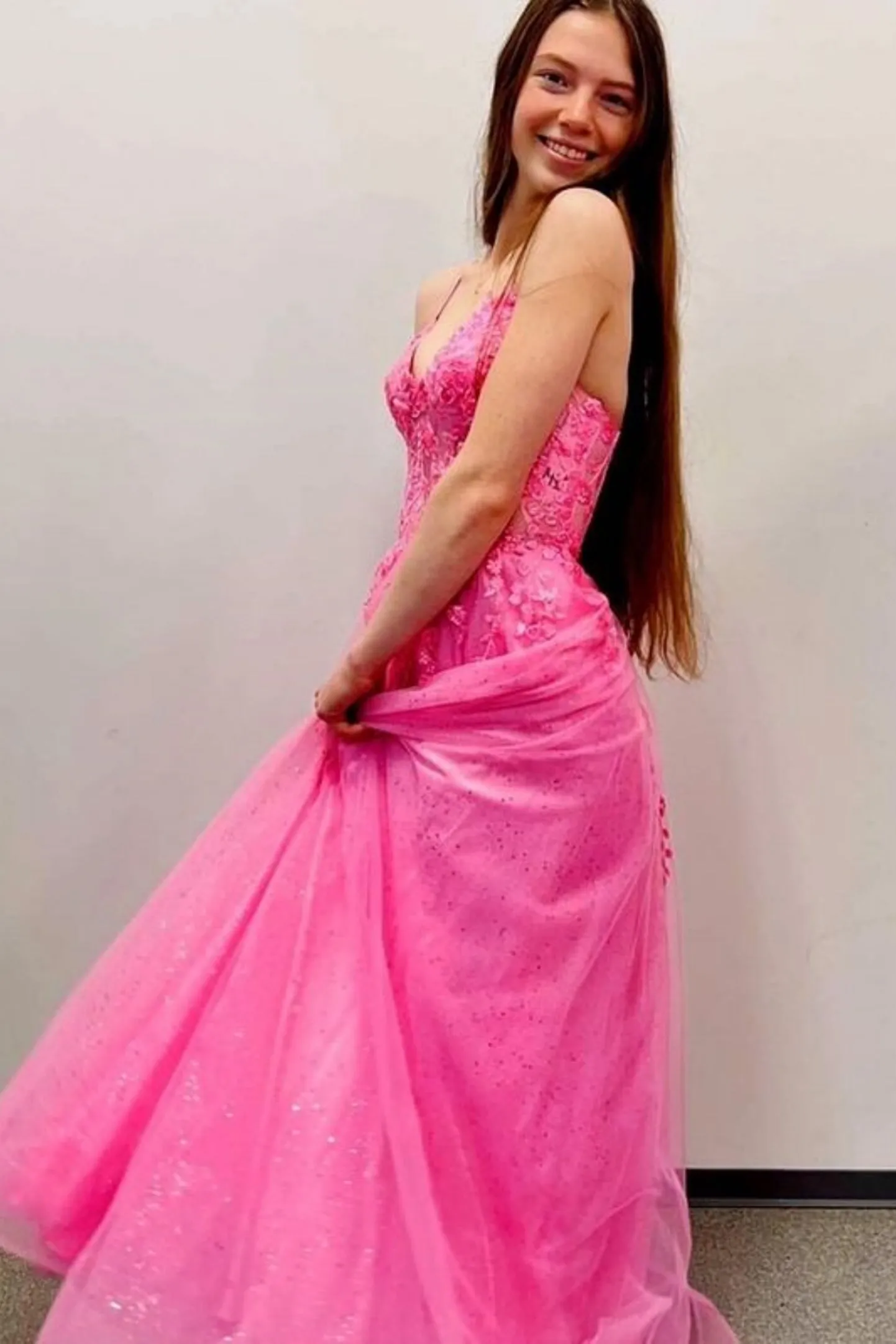 A Line V Neck Hot Pink Lace Long Prom Dress, Hot Pink Lace Formal Graduation Evening Dress A2146