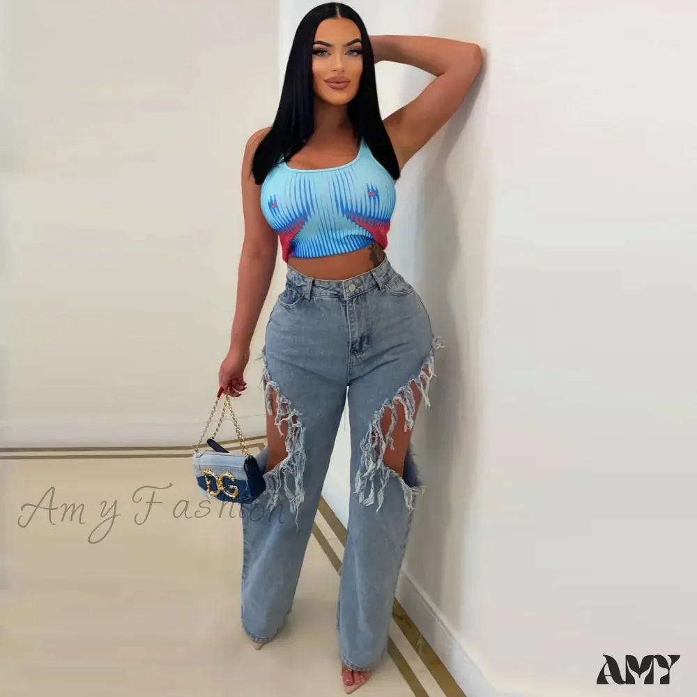 Amy Fashion - Sexy Tassels Ripped Baggy Summer 2024 Female Bottoms Streetwear High Waist Denim Jean