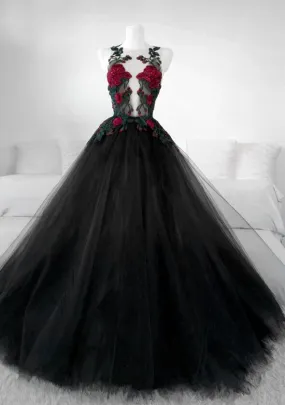 Beautiful Black Tulle With Lace Applique Long Formal Gown, Black Party Dresses     fg3571