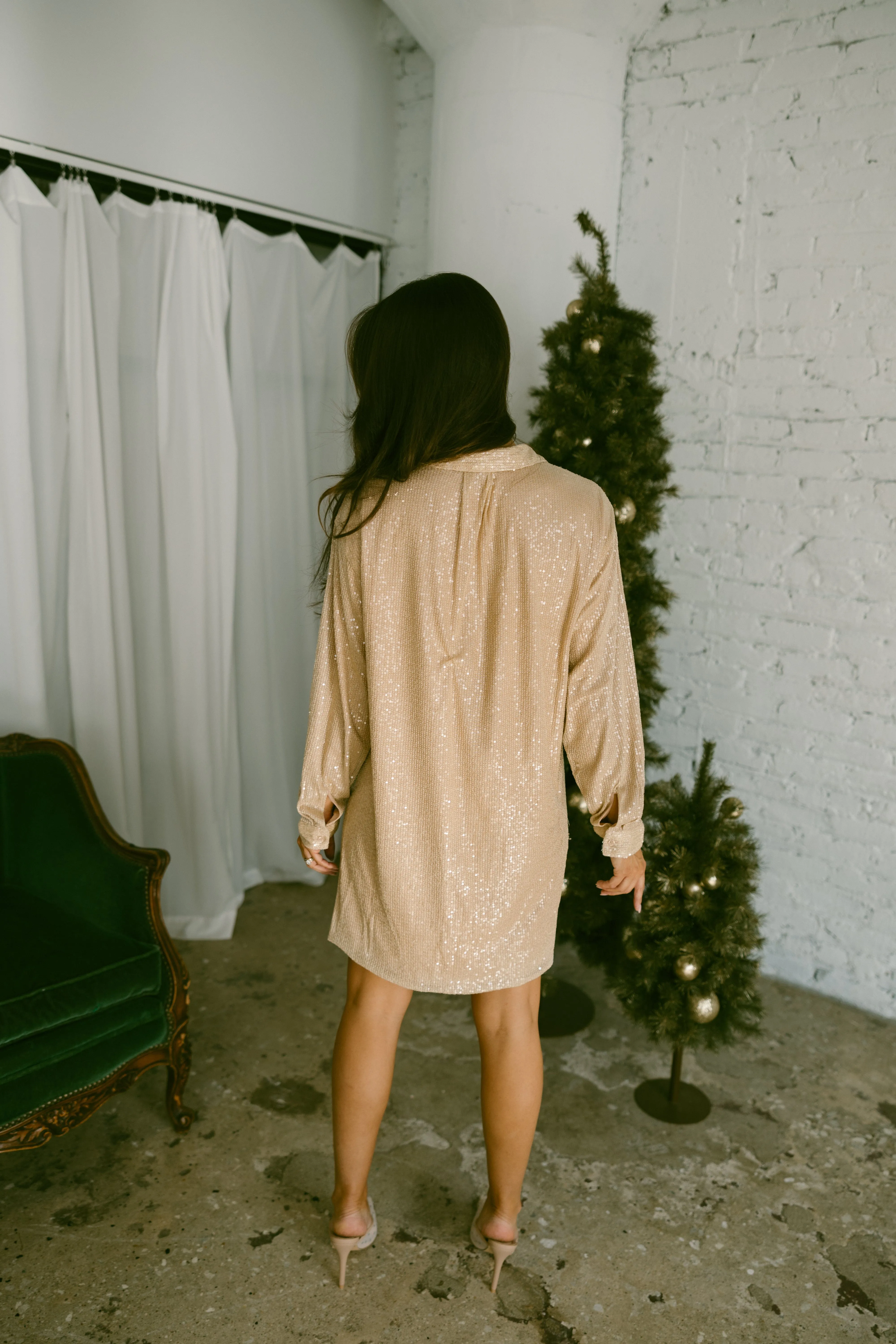 Beige Sequin Shirt Dress