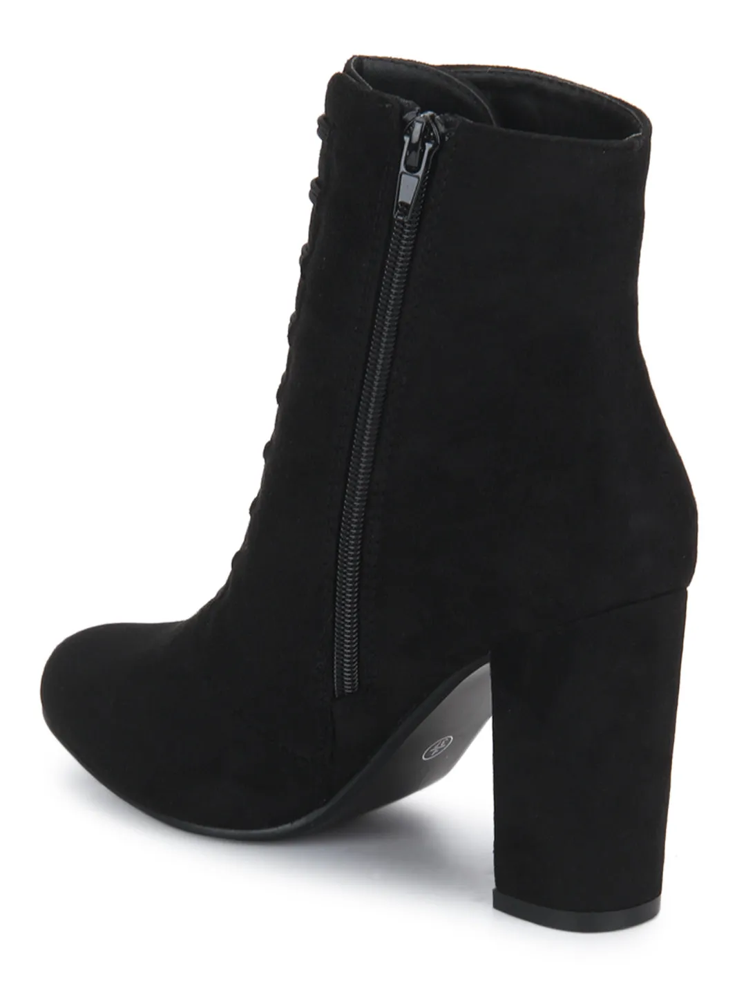 Black Micro Lace-Up Block Heels Ankle Boots