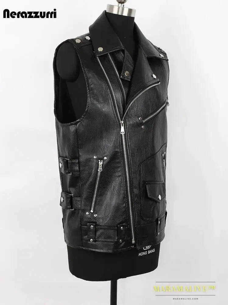 Black Motorcycle Pu Leather Vest Men Zipper Pockets Plus Size Faux Leather Biker Sleeveless Jacket 4xl 5xl