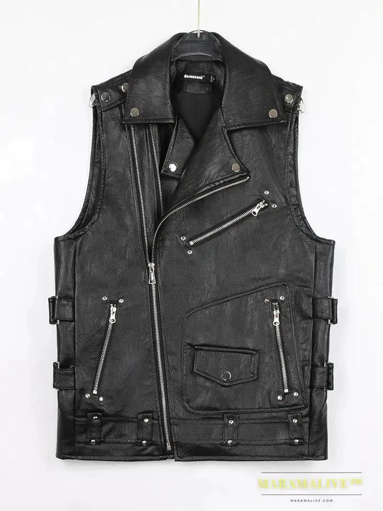 Black Motorcycle Pu Leather Vest Men Zipper Pockets Plus Size Faux Leather Biker Sleeveless Jacket 4xl 5xl