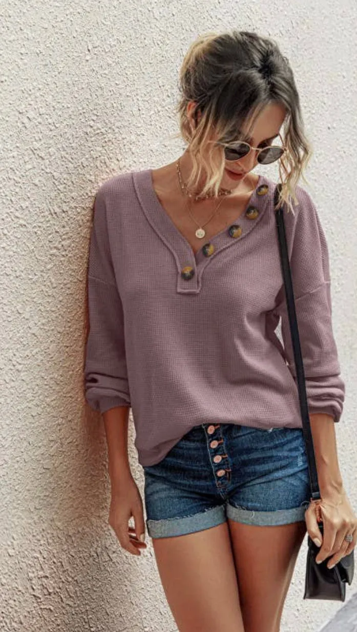 Blouse - Waffle Knit, button detail, Plum