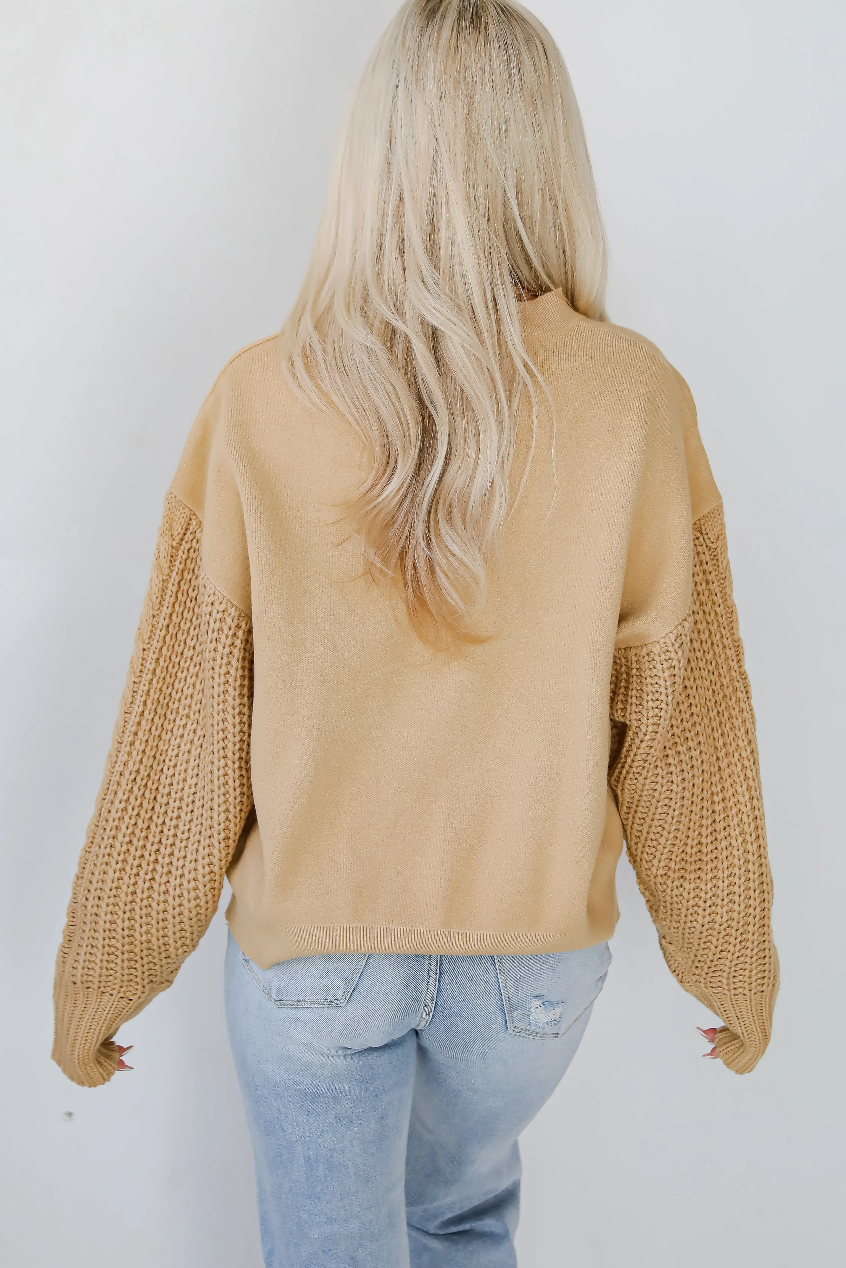 Cabin Cues Taupe Cable Knit Sleeve Sweater