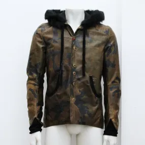 Camouflage Calfskin Leather Jacket With Fur Hood