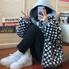 Checkered Aesthetic Soft Fluffy Zipper Hooded Jacket