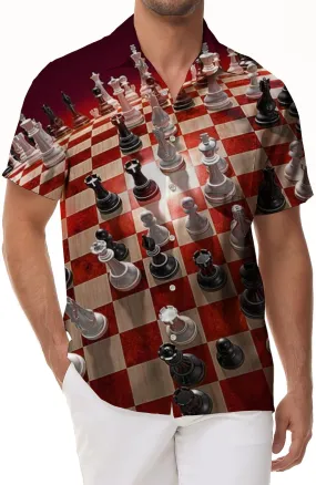 Chess print casual men's abstract geometric Hawaiian button shirt short sleeve beachwear