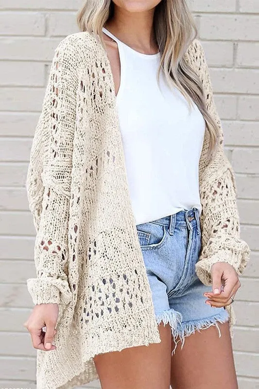 Crochet Beige Dolman Knit Sleeve Cardigan