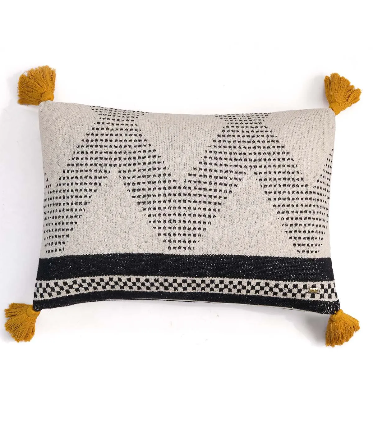 Diamond Cotton Knitted Decorative Natural, Black And Mustard Color 16 x 24 Inches Pillow Covers