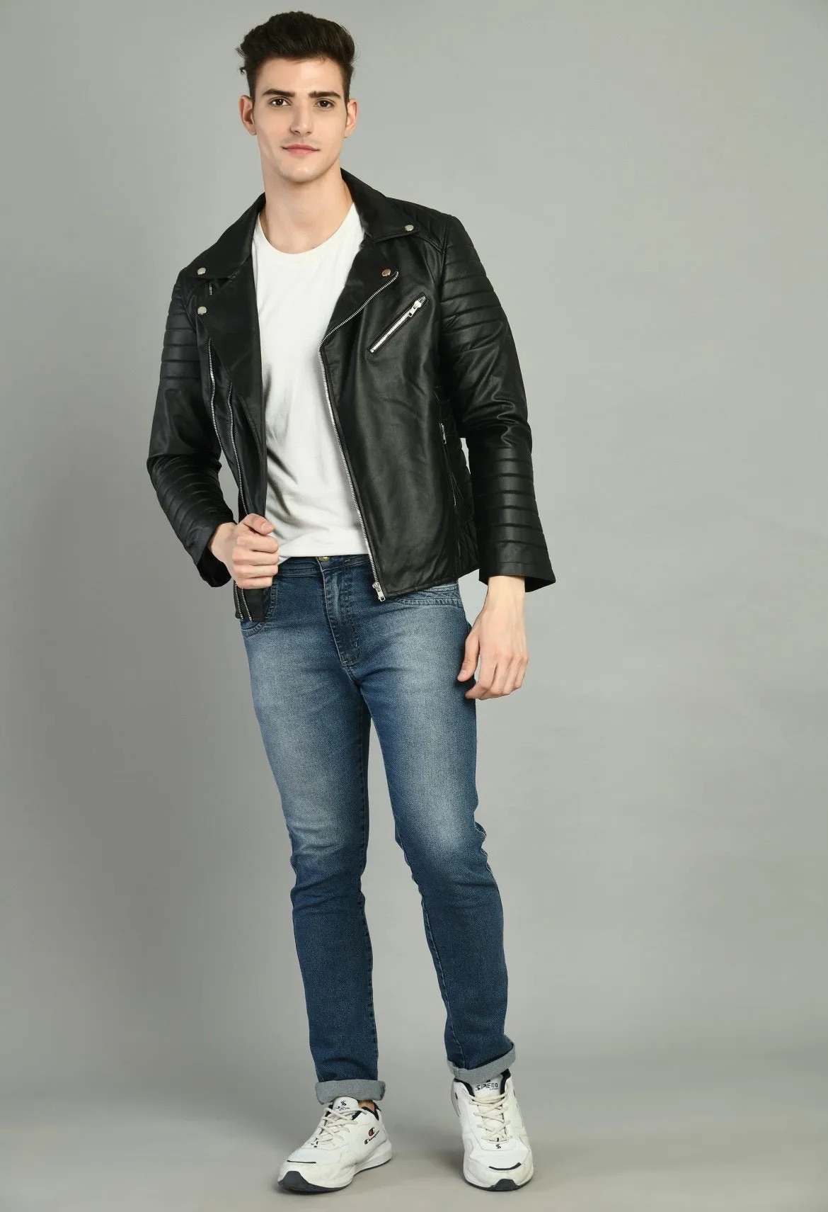 FAUX LEATHER DOUBLE CHAIN RIDER JACKET