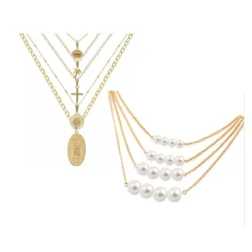 Golden Glamour & Pearls: 5 Layer Zeus Chain Necklace Set of 2