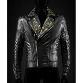 Golden Silver Studded Black Leather Jacket - Versace