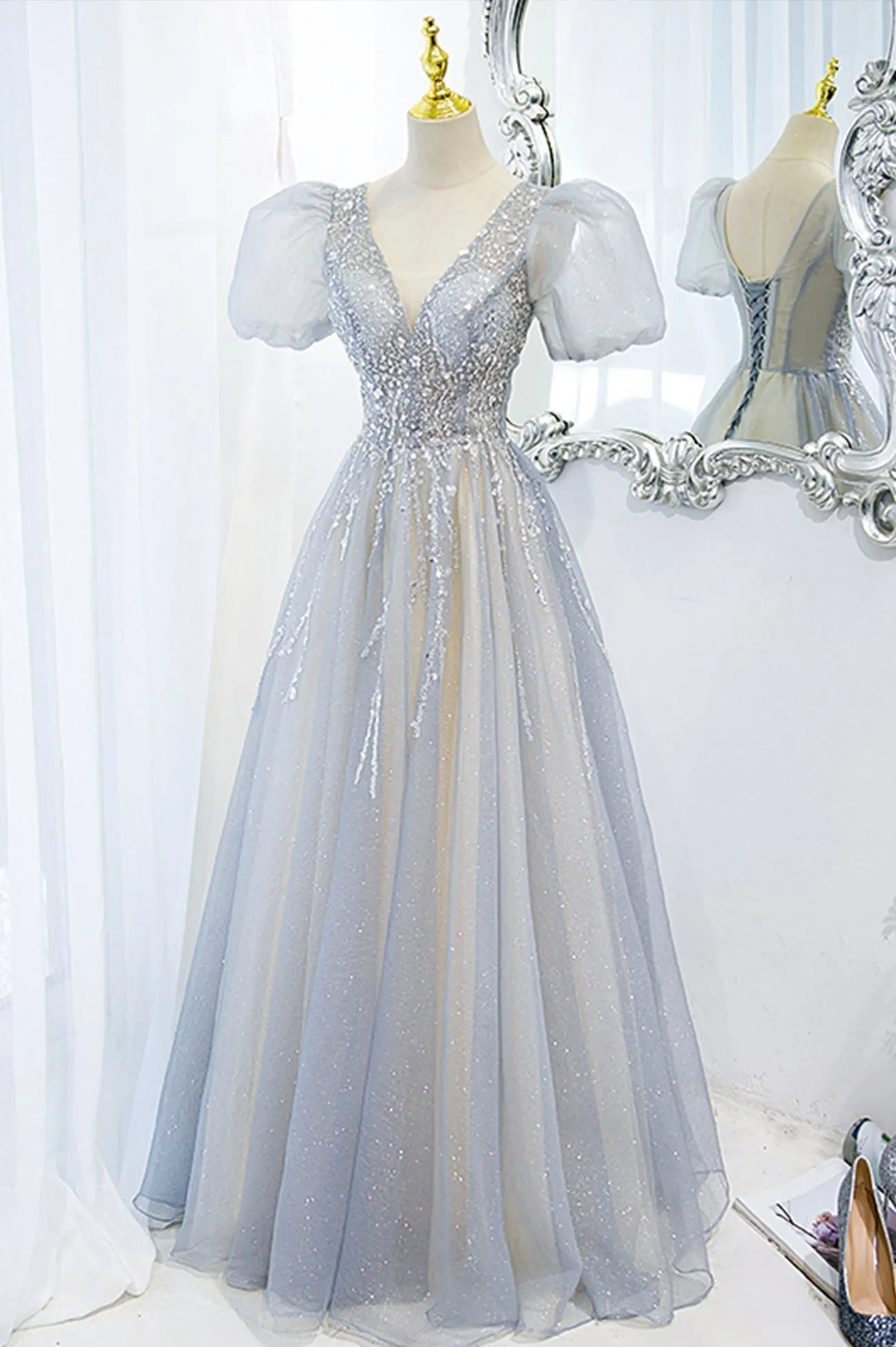 Gray Tulle Beading Long Prom Dresses, A-Line Short Sleeve Formal Evening Dresses