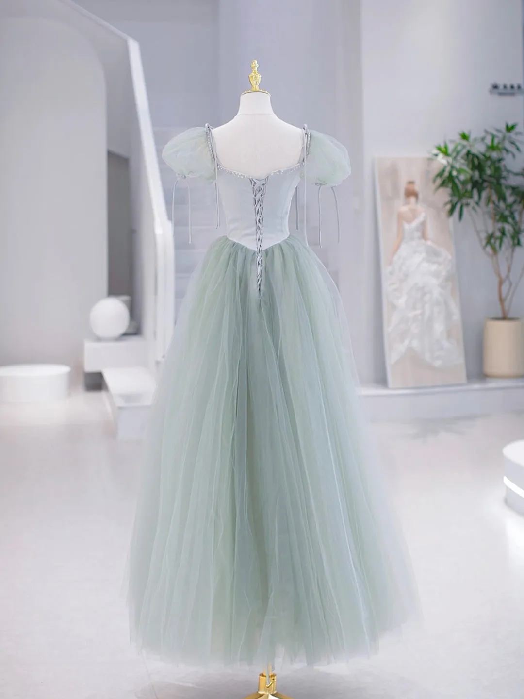 Green Tulle Floor Length Prom Dress, Green Short Sleeve Evening Party Dress