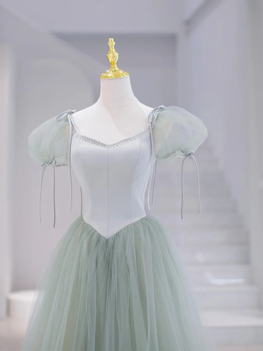 Green Tulle Floor Length Prom Dress, Green Short Sleeve Evening Party Dress