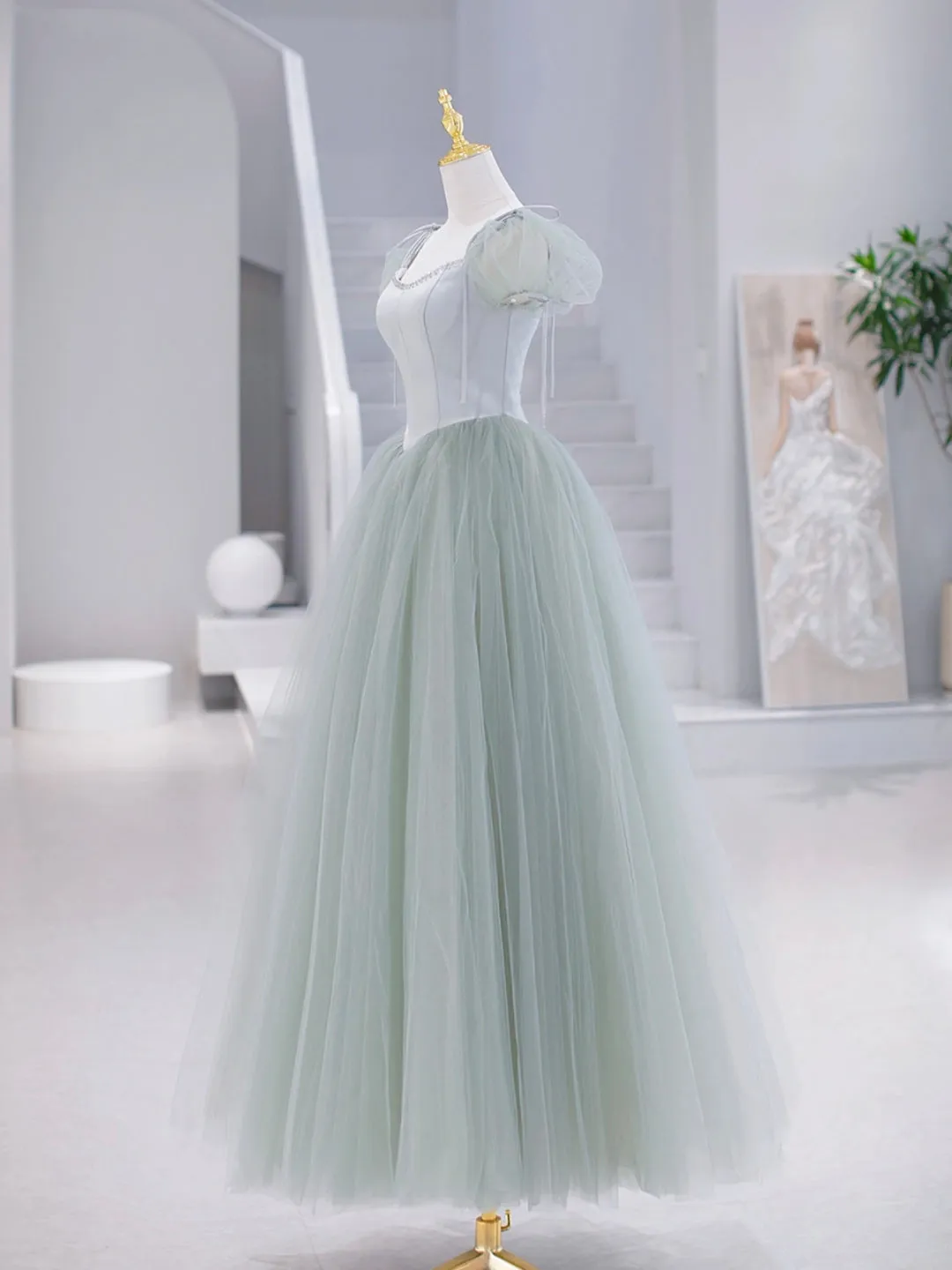 Green Tulle Floor Length Prom Dress, Green Short Sleeve Evening Party Dress