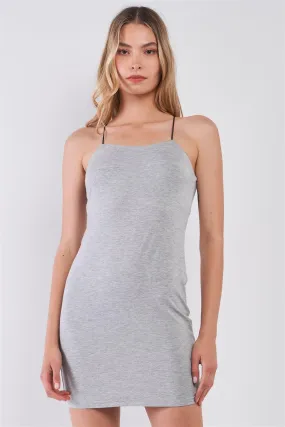 Heather Grey Sleeveless Criss-Cross Back Spaghetti Straps Cut-Out Back Detail Bodycon Mini Dress /3-2