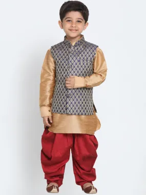 Jashvi Boys Rose Gold And Maroon Woven Kurta Set With Brocade Nehru Jacket