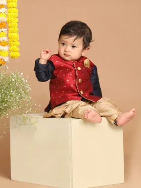 Jashvi SISHU Boy's Navy Blue Kurta with Rose Gold Dhoti Pants & Maroon Nehru Jacket