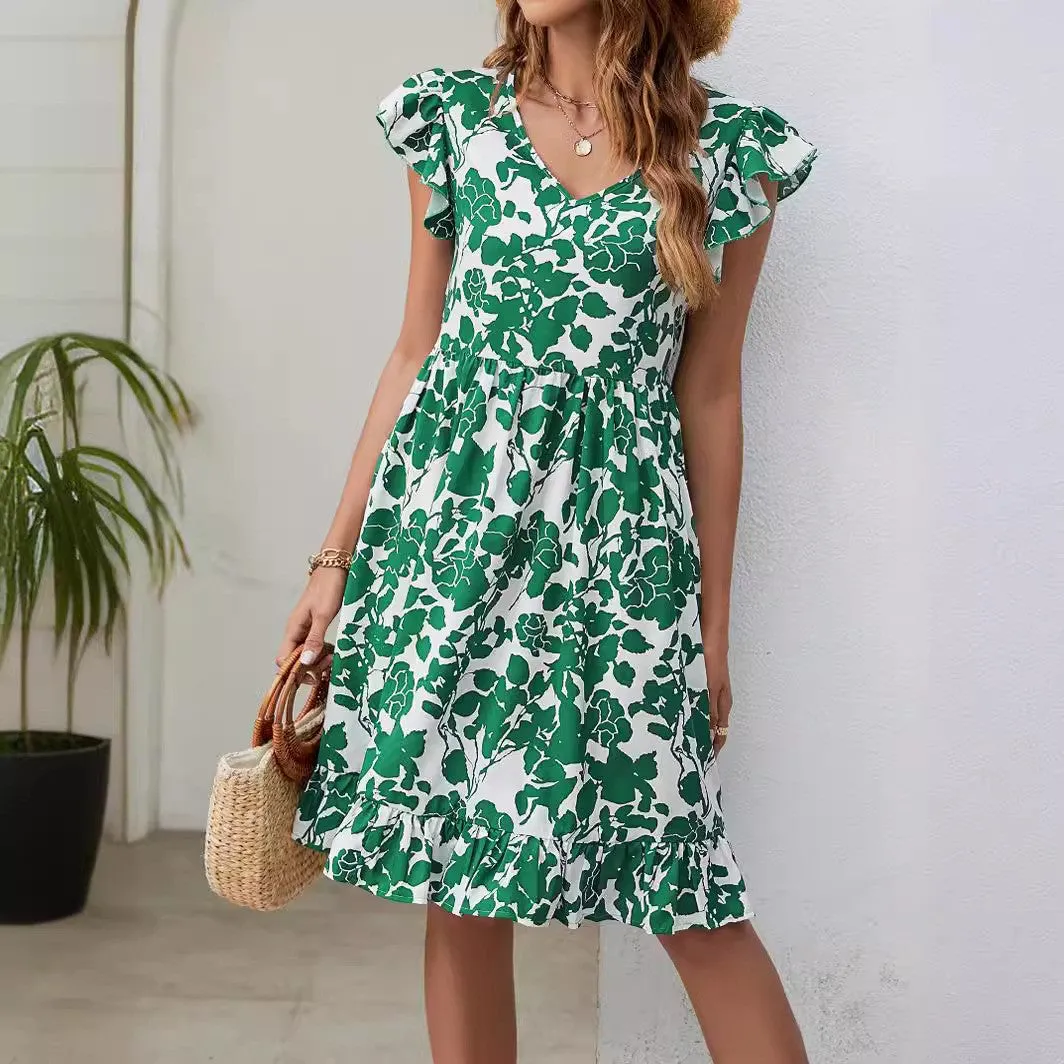 Leaf Print Dress Summer V-neck Ruffled Sleeveless A-Line Dresses Fashion Casual Holiday Beach Dress For Womens Clothing