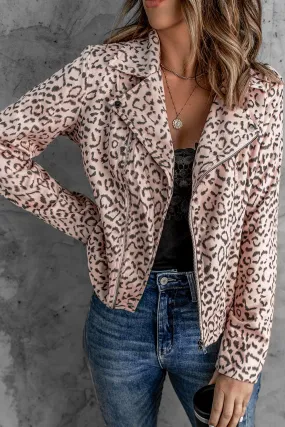 Leopard Print Zipper Lapel Collar Jacket