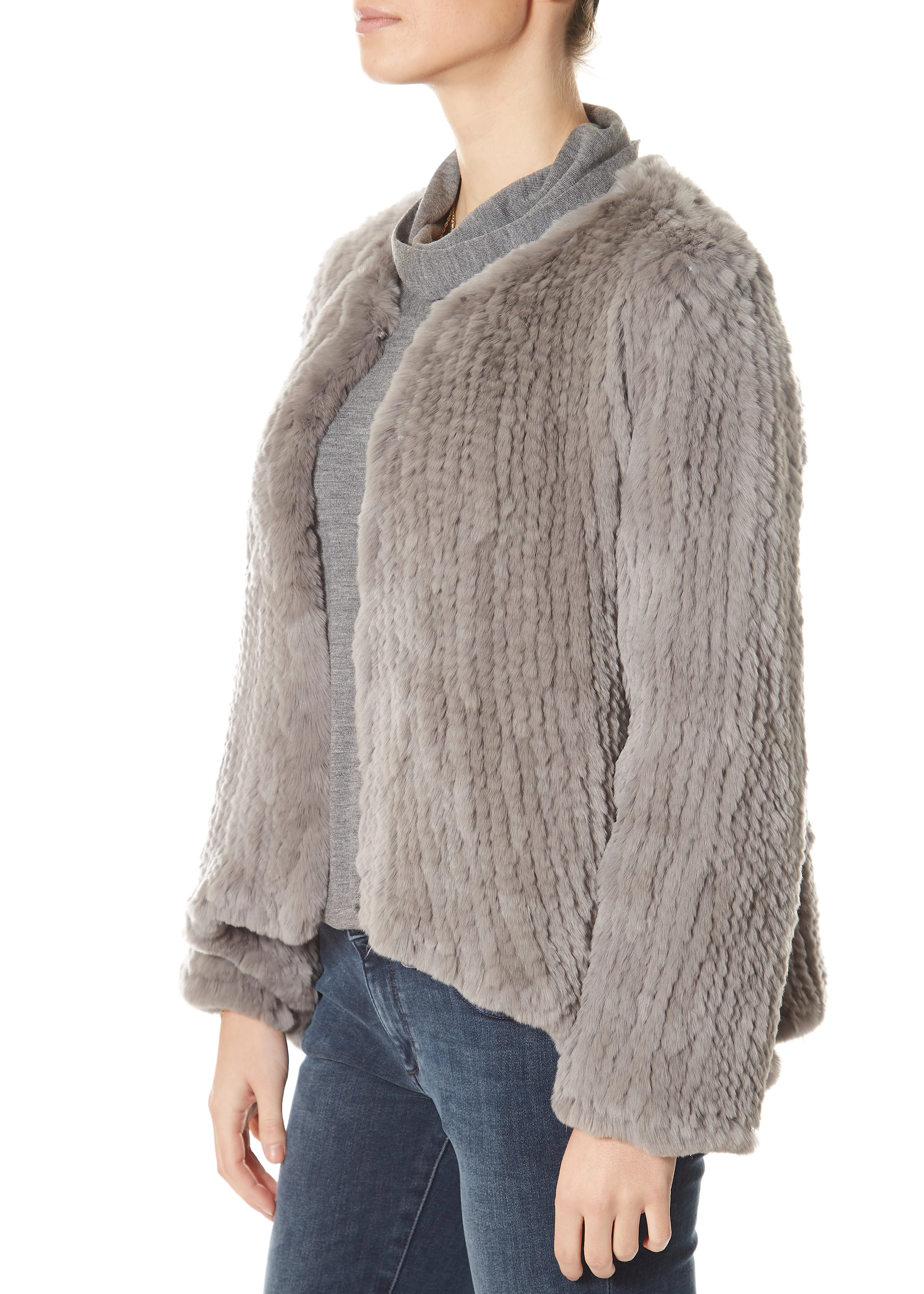 Light Grey Asymmetric Knitted Rex Rabbit Jacket