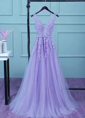 Light Purple Tulle Long Party Dress , A-line Bridesmaid Dress