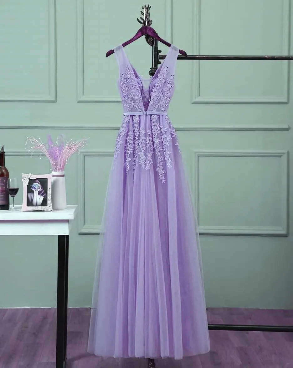 Light Purple Tulle Long Party Dress , A-line Bridesmaid Dress