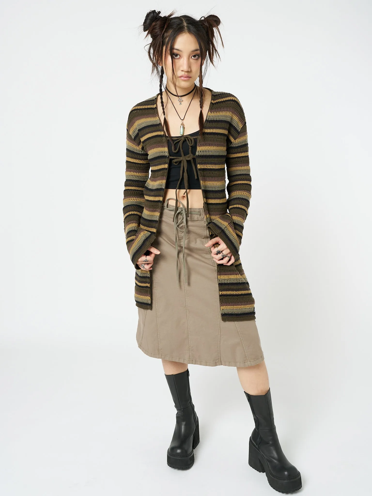 Luna Forest Stripes Tie Front Knit Cardigan