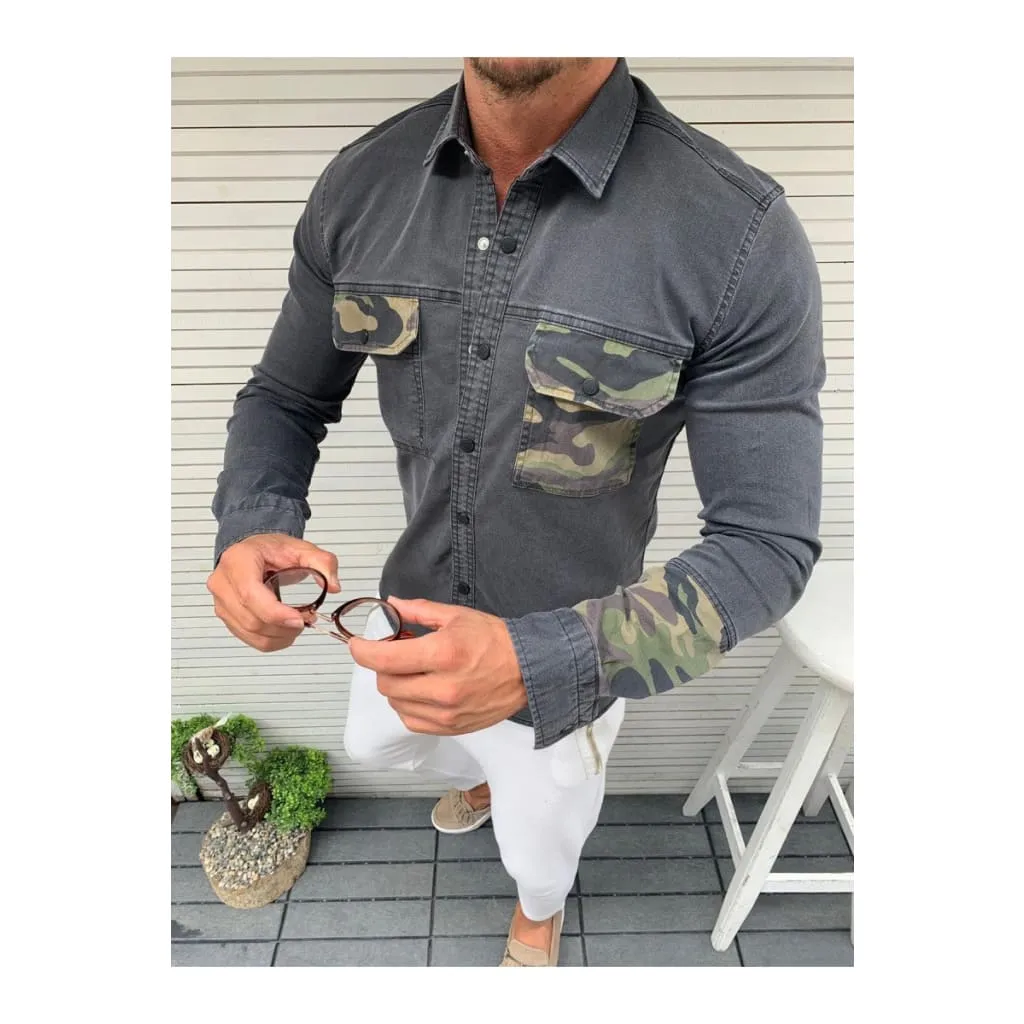 Men Camo Print Pocket Denim Buttoned Shirt