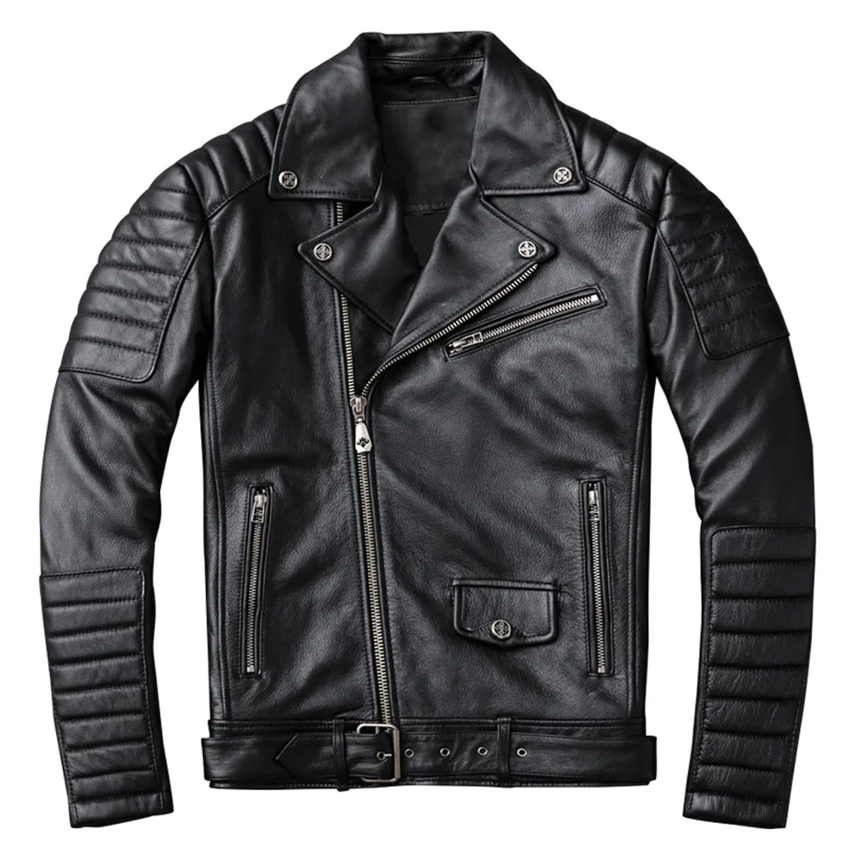 Men’s Black Biker Brando Genuine Sheepskin Café Racer Lapel Collar Retro Casual Classic Zip-Up Moto Slim Fit Leather Jacket