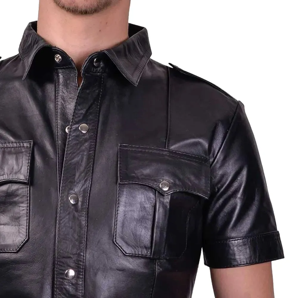 Mens Black Short Sleeved Leather Shirt