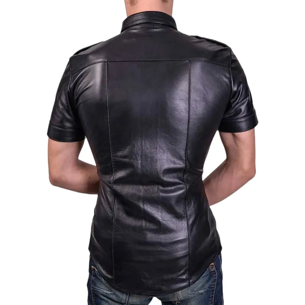 Mens Black Short Sleeved Leather Shirt