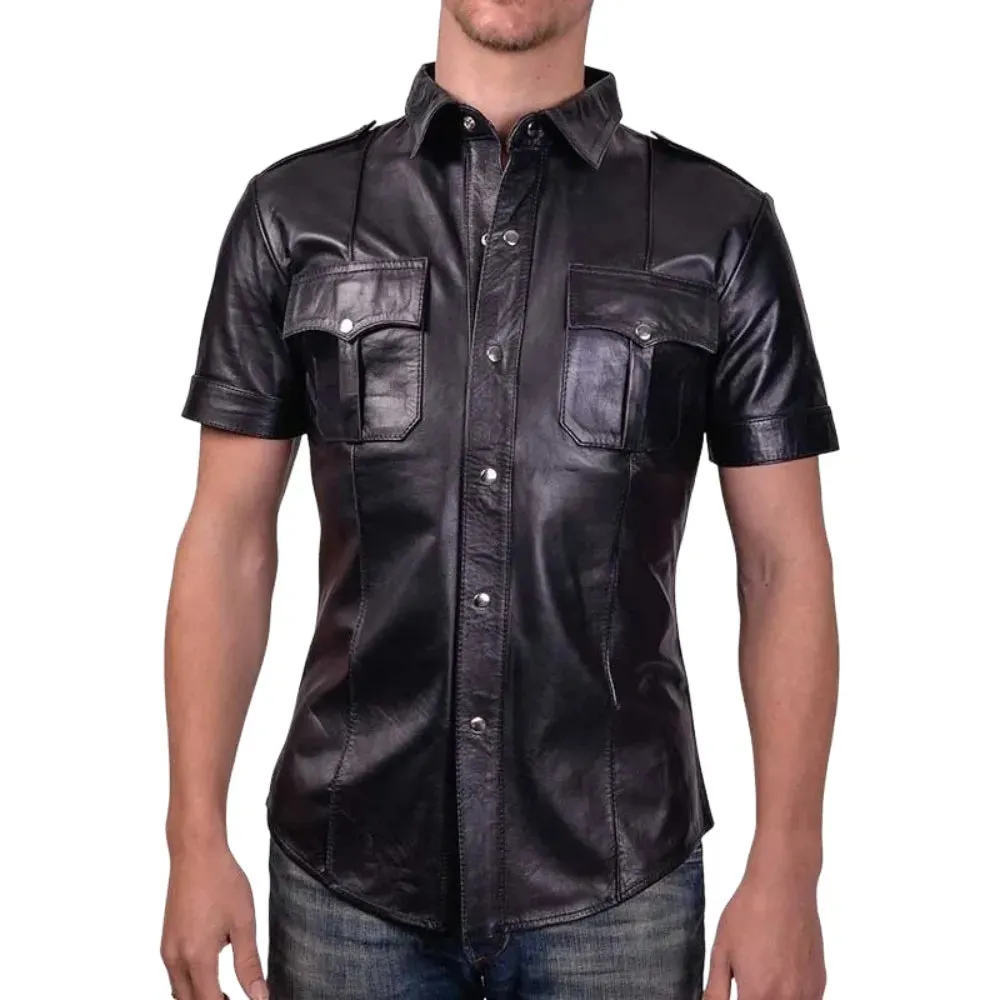 Mens Black Short Sleeved Leather Shirt