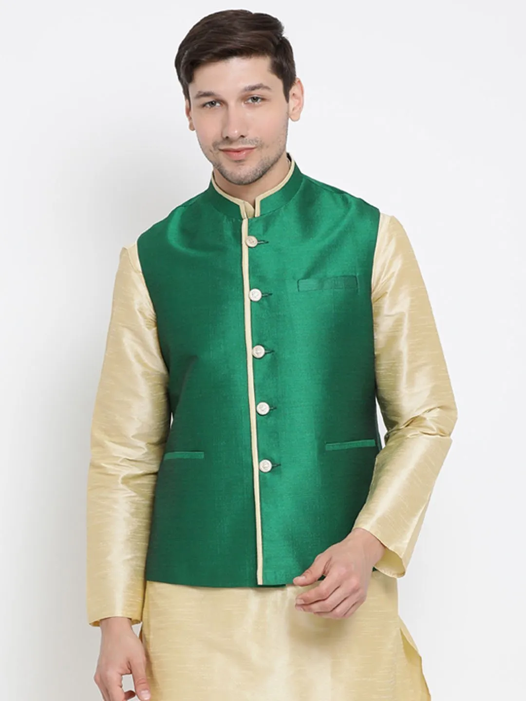 Men's Green Cotton Silk Blend Ethnic Jacket - Vastramay