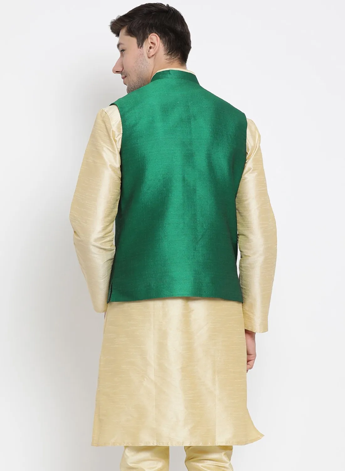 Men's Green Cotton Silk Blend Ethnic Jacket - Vastramay