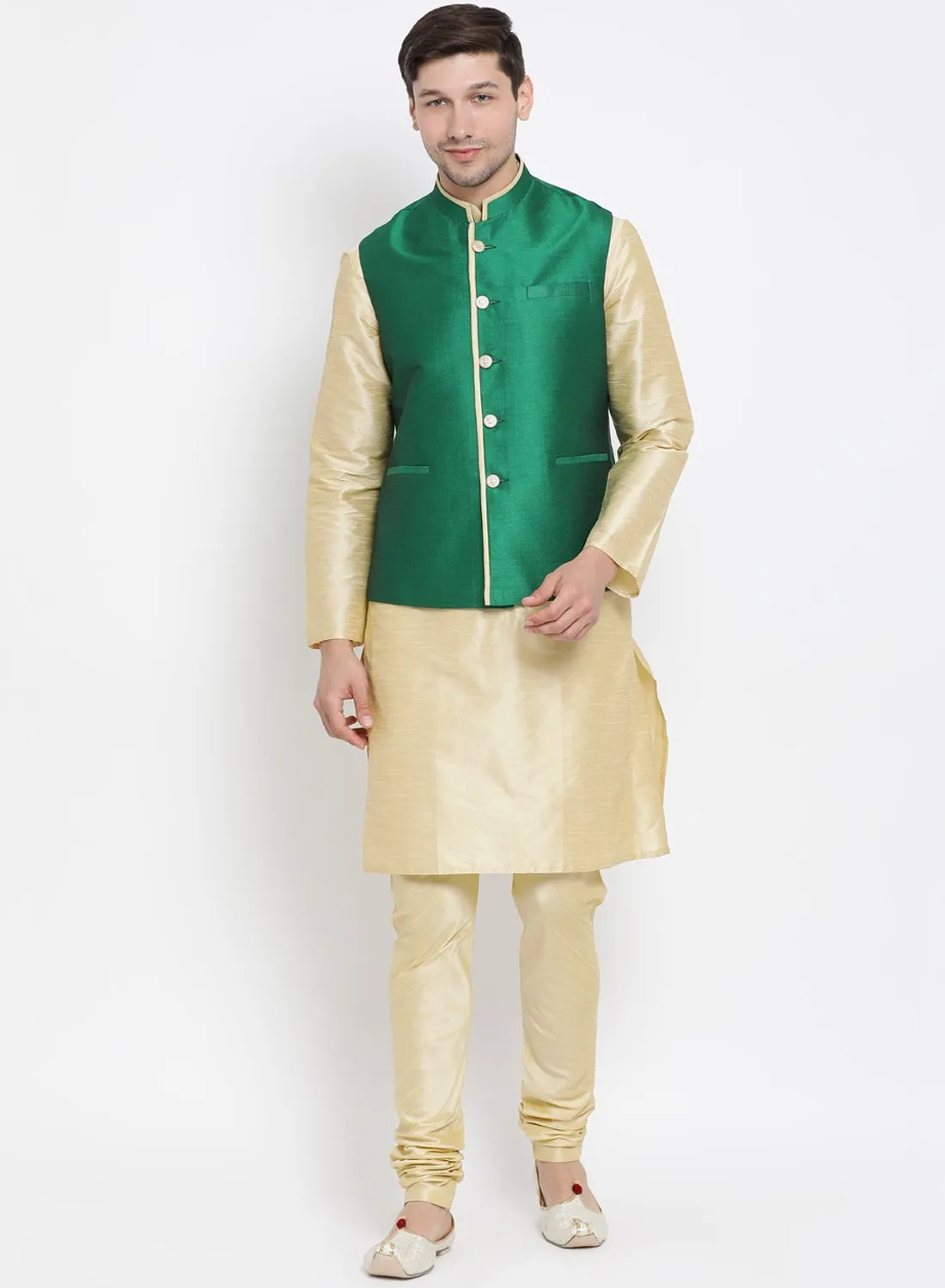 Men's Green Cotton Silk Blend Ethnic Jacket - Vastramay