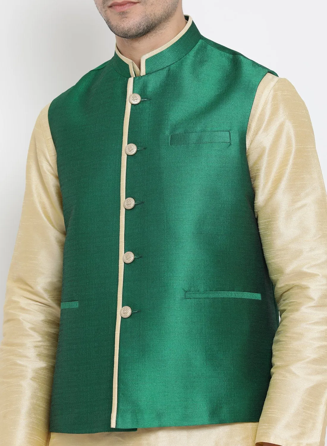 Men's Green Cotton Silk Blend Ethnic Jacket - Vastramay