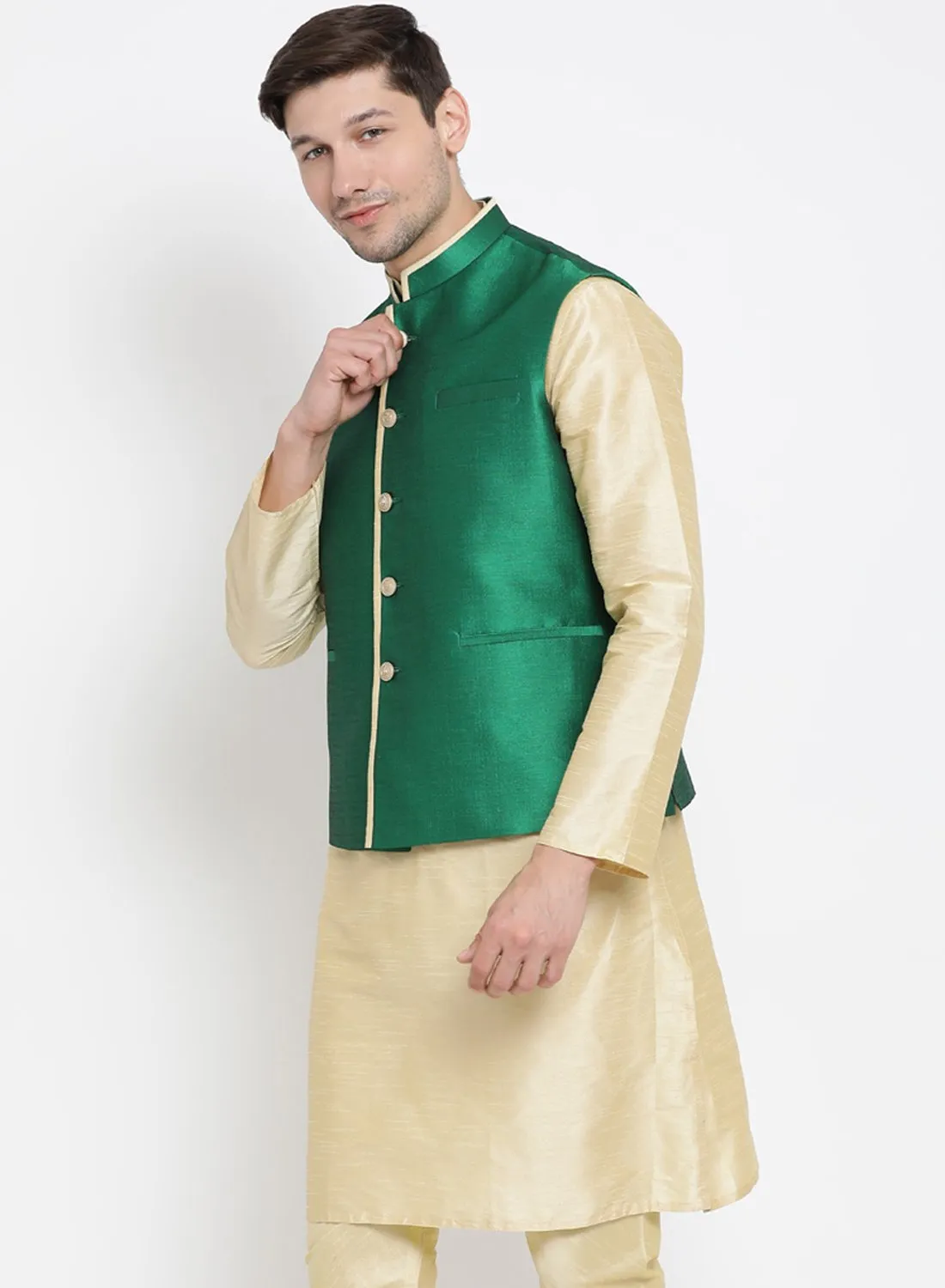 Men's Green Cotton Silk Blend Ethnic Jacket - Vastramay