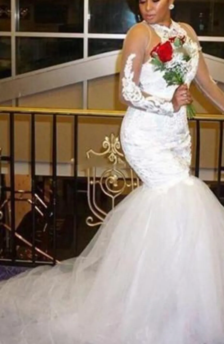 Mermaid Illusion Long Sleeve wedding gown Beaded Plus Size Bridal Gown