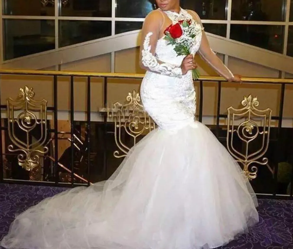 Mermaid Illusion Long Sleeve wedding gown Beaded Plus Size Bridal Gown