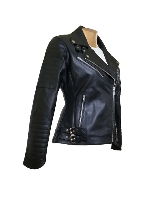 Miyah's double zipper leather jacket with ribbed stitching details