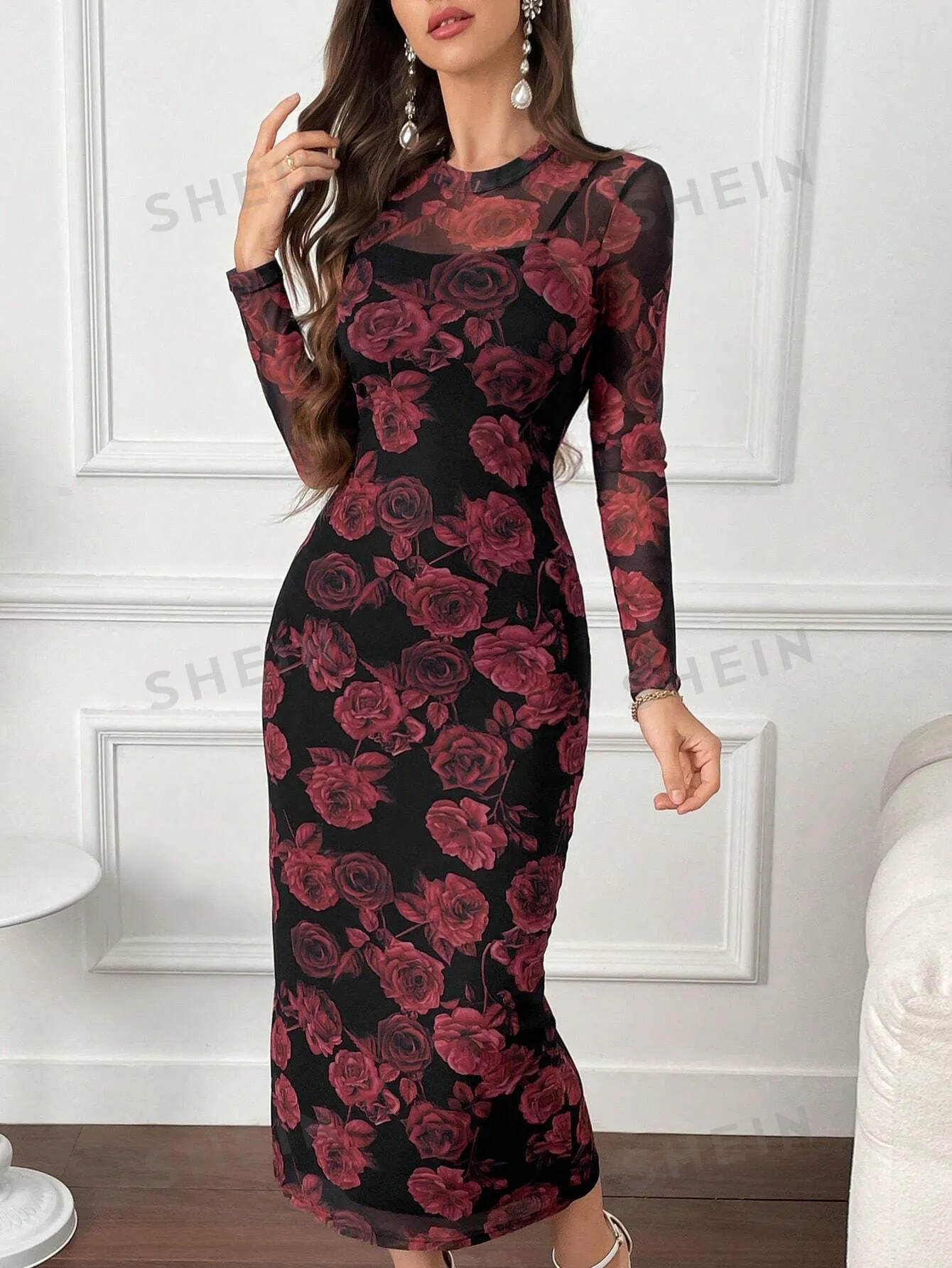 Modely Floral Print Round Neck Bodycon Long Sleeve Dress