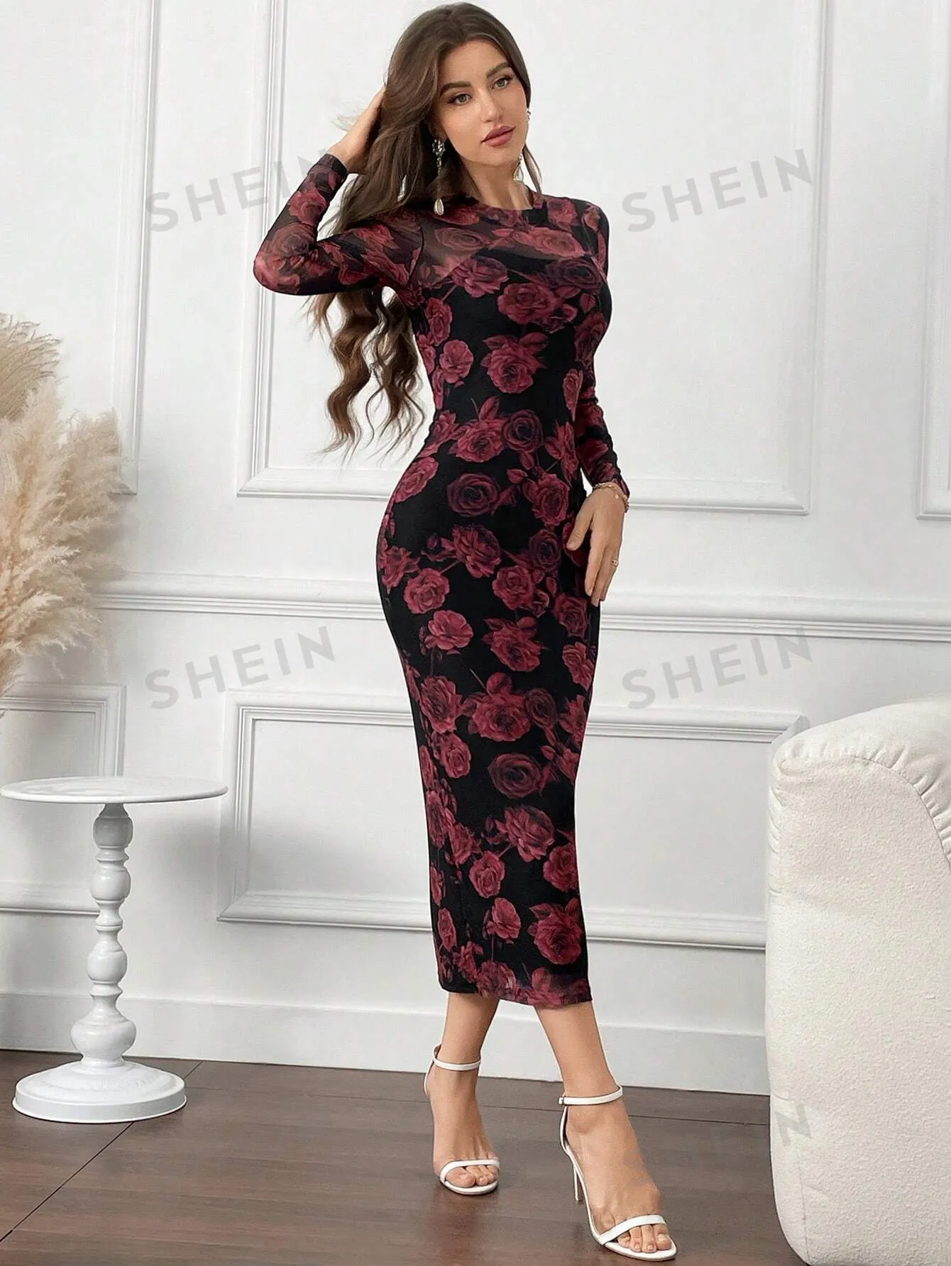 Modely Floral Print Round Neck Bodycon Long Sleeve Dress