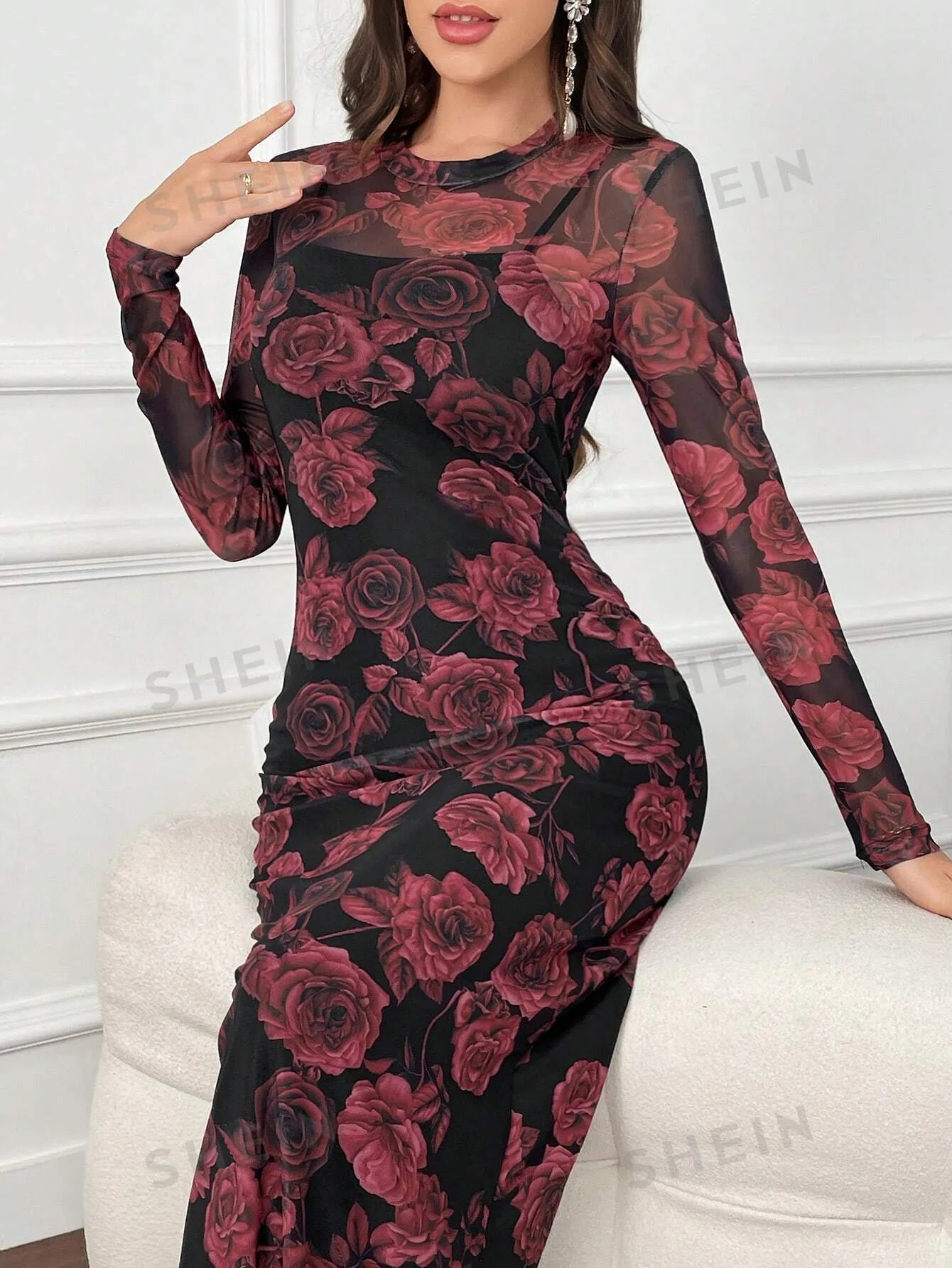 Modely Floral Print Round Neck Bodycon Long Sleeve Dress