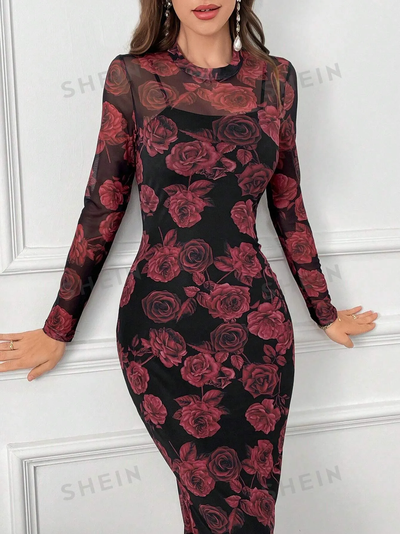 Modely Floral Print Round Neck Bodycon Long Sleeve Dress