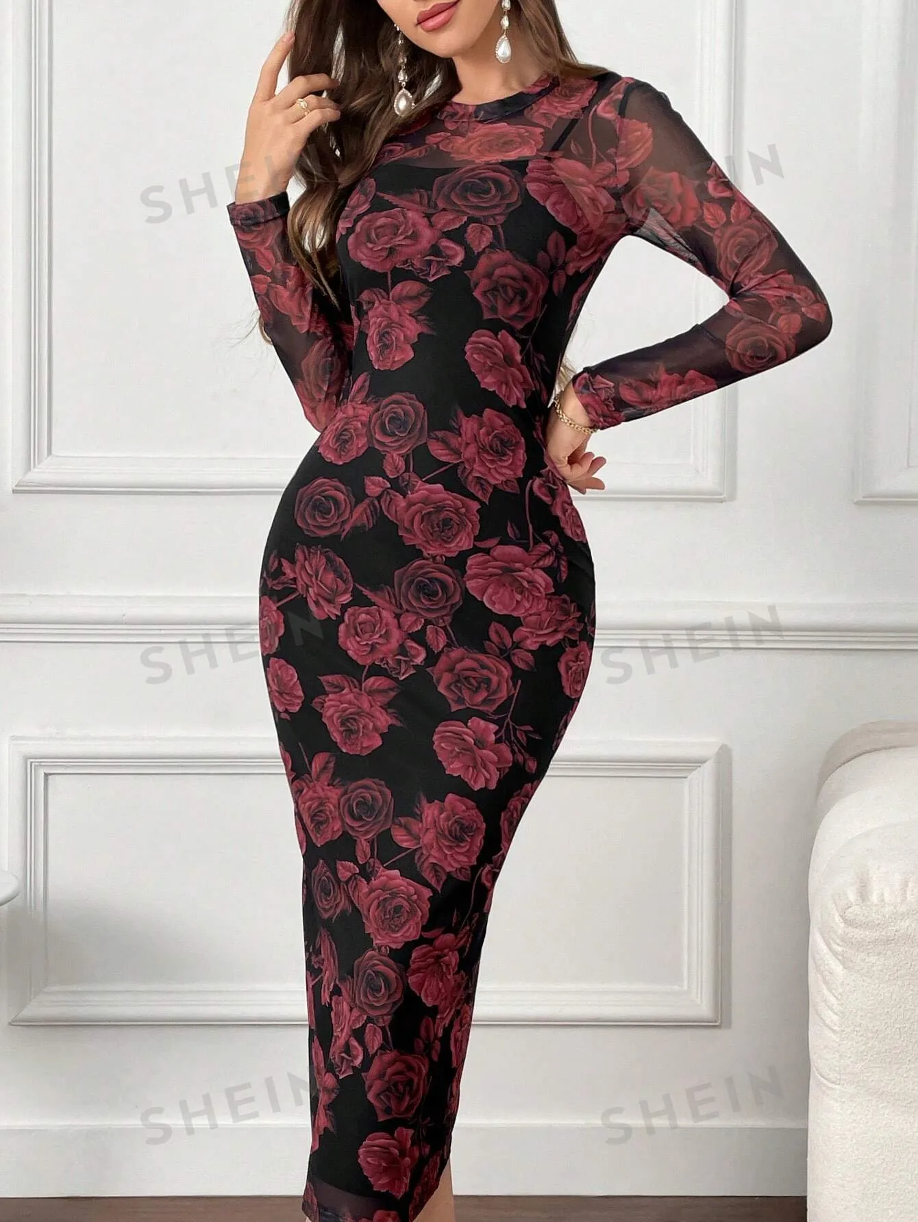 Modely Floral Print Round Neck Bodycon Long Sleeve Dress